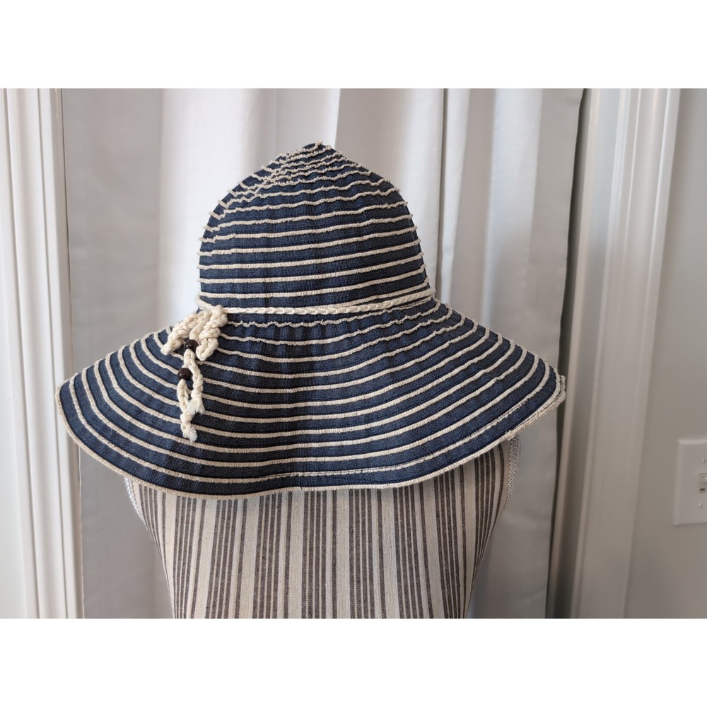 Navy and Ivory Striped Wide Brimmed Hat With Cord Detail Summer Sun
